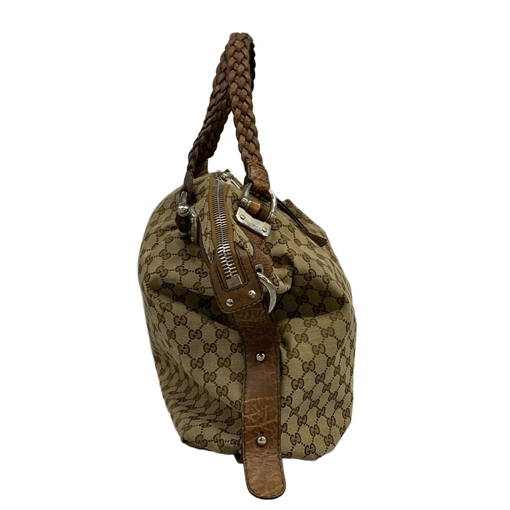 Gucci GG/Bamboo Handbag 232927 Dark Brown Beige Jacquard Leather - Picture 2 of 15